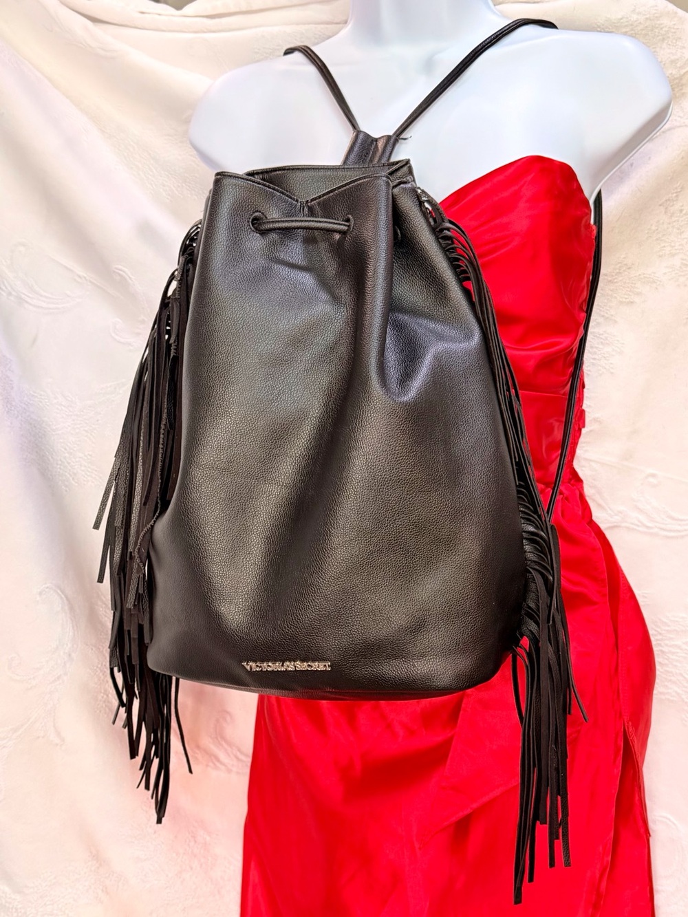 NWOT Victoria's Secret Black Fringe Drawstring Backpack H0009